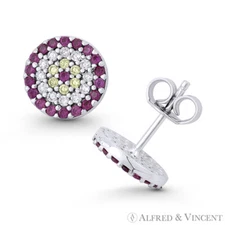 Evil Eye Luck Charm Red W&Y CZ Crystal 9mm Stud Earrings in .925 Sterling Silver