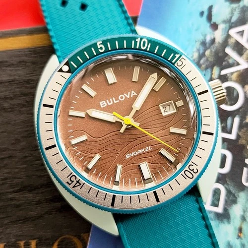 Bulova Snorkel Sea Turtle Watch Amazing Brown Dial & Blue Case Full Set 98B446