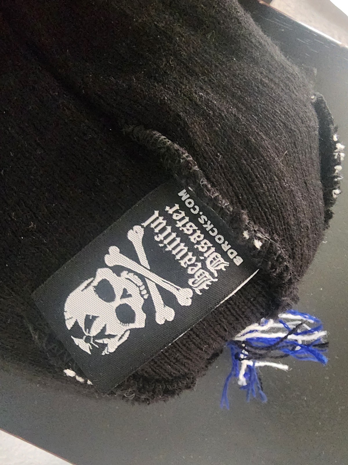 Beautiful Disaster Black White Knit Beanie Pom-Pom Lightning Embroidered image 2