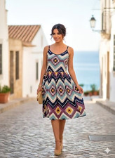 Stylish Women's Midi Dress Size M Geometric Print-Sleeveless Boho Casual