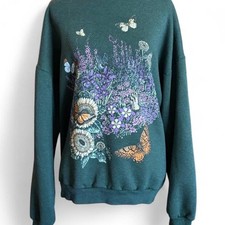 90s Vintage Oversized Forest Green Floral Sweatshirt Cottagecore Butterfly XXL