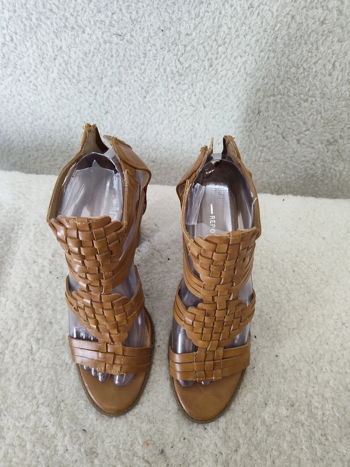 Sandalias Report Mujer 6 Marrón Tejido Cuero Tacón Bloque Boho Gladiador Cremallera Zapatos Foto 3 de 4