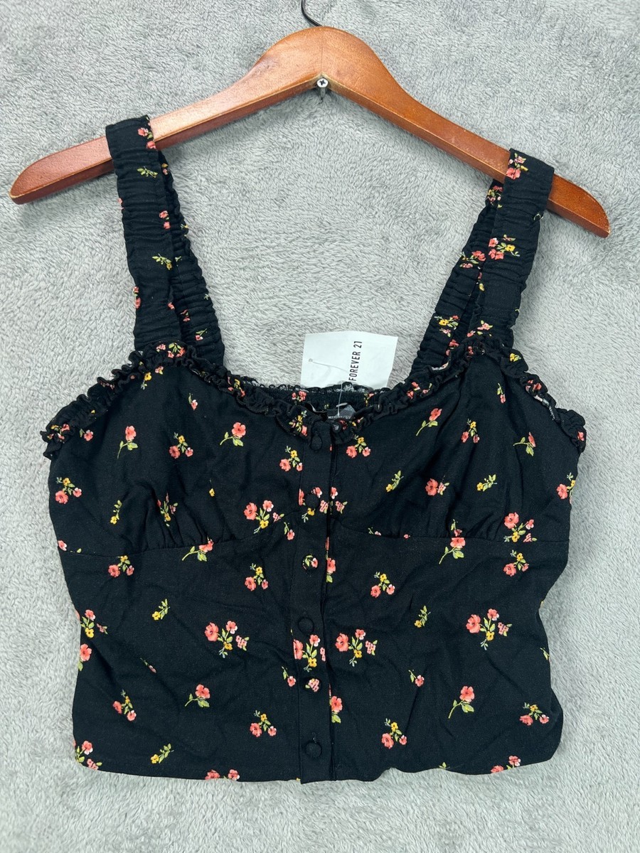 NWT Forever 21 Womens Black Floral Crop Tank Top Size Large Boho