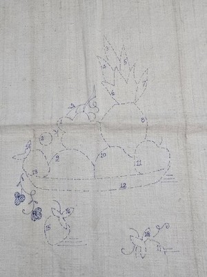Vintage Tea Towel Linen Fruit Basket Stamped For Embroidery Pineapple Strawberry