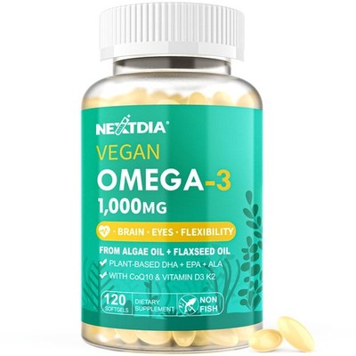 Vegan Omega 3 DHA EPA ALA Supplement with 5000IU Vitamin D3 K2 MK7 CoQ10 for ...