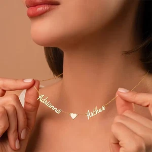 Custom Couple Double Nom Collier Coeur Pendentif Chaîne en acier inoxydable Femmes