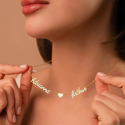 Custom Couple Double Name Heart Necklace Pendant Stainless Steel Chain Women