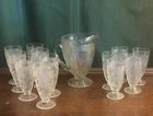 Antique Jeanette Glass Iris & Herringbone 9” Pitcher And 12 Footed Tumblers•EUC
