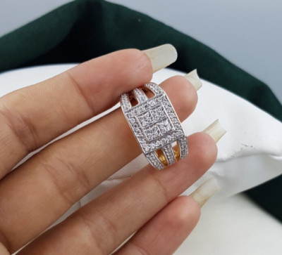 18K Gold Ring Micro Cluster Square Stepped Ring Round Cut CZ Herren Ehering