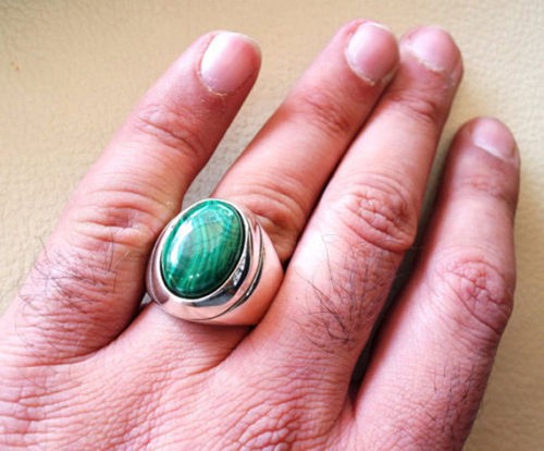 Solid 925 Sterling Silver Natural Green Malachite Gemstone Bohemian Men's Ring - Picture 9 of 11