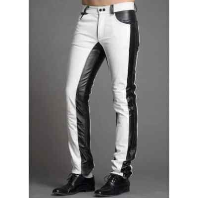 NEW Men's Black & White Jeans Pant 100% Real Lambskin Moto Biker Jeans Pant