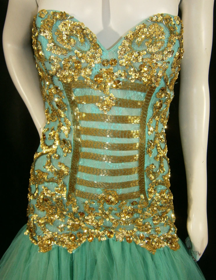 Vestido Formal Sherri Hill 4 Turquesa Dorado Cuentas Vestido de Baile Tul Sin Tirantes Baile de graduación Foto 3 de 4