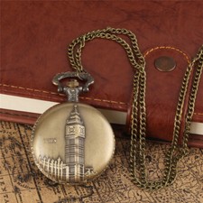 Steampunk Bronze Big Ben Men Women Quartz Pocket Watch Necklace Pendant Chain