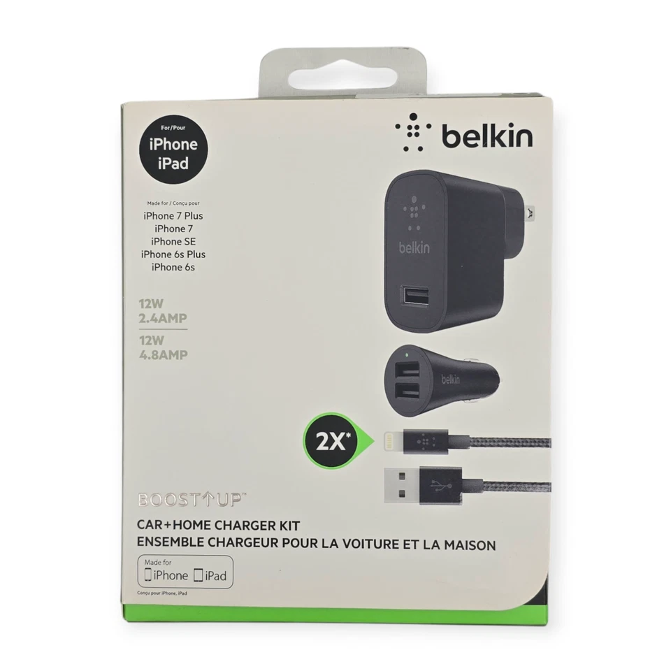 NUEVO Kit Cargador Belkin BoostUp Coche + Hogar con 2 Cables Lightnin, Puerto USB, 12W Foto 3 de 4