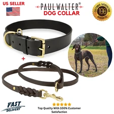 Genuine Leather Dog Leash & Collar Set Heavy Duty Training Lead Small–Large Dogs