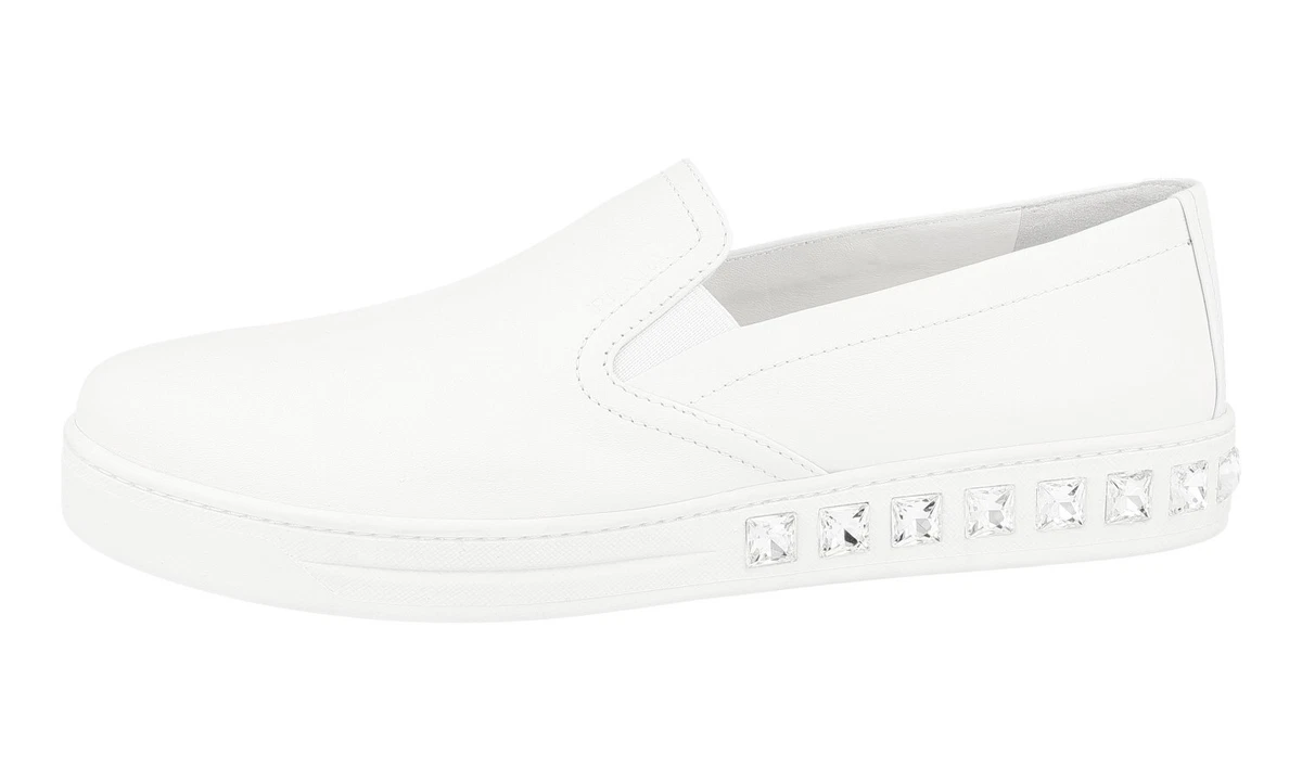 PRADA Leder Downtown KRISTALL Slip-on Sneaker - 1S245G Weiss - NEU - 41 UK 8