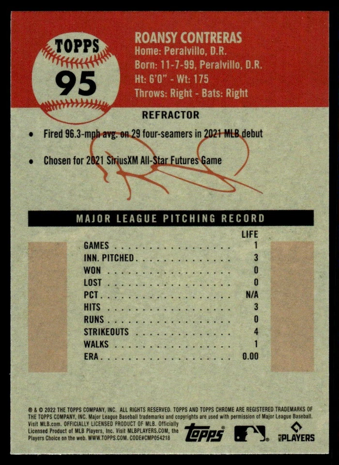 2022 Topps Chrome Platinum Refractor Roansy Contreras Rookie #95 R94 - Image 2 of 2