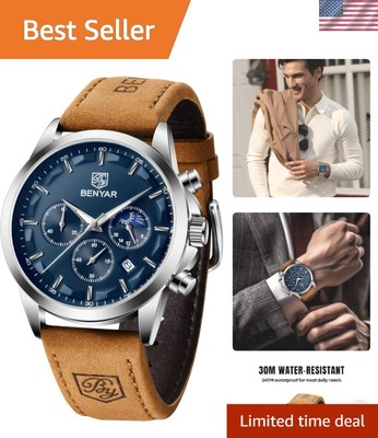 Big Face Luminous Chronograph Watch for Men - Elegant Brown Leather Sport Watch