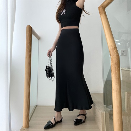 Women Elegant Satin Black Trumpet Skirt High Waist Slim Long Hip Skirt - Bild 19 von 44