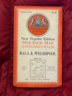 Vintage Ordnance Survey One Inch Cloth Map, of Bala & Welshpool. no. 117, 1947