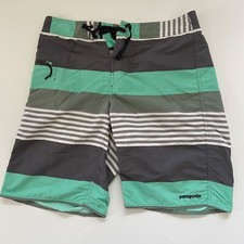 Patagonia Wavefarer Board Shorts Mens 31 Green Striped Swim Trunks Surf Beach