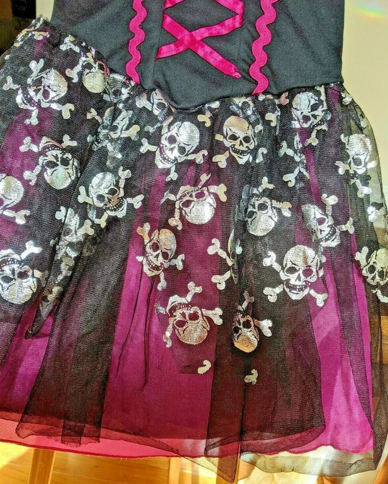 Superposición de satén y crepé rosa y negro para niñas con huesos y sculls Halloween talla 6-7 Foto 3 de 4