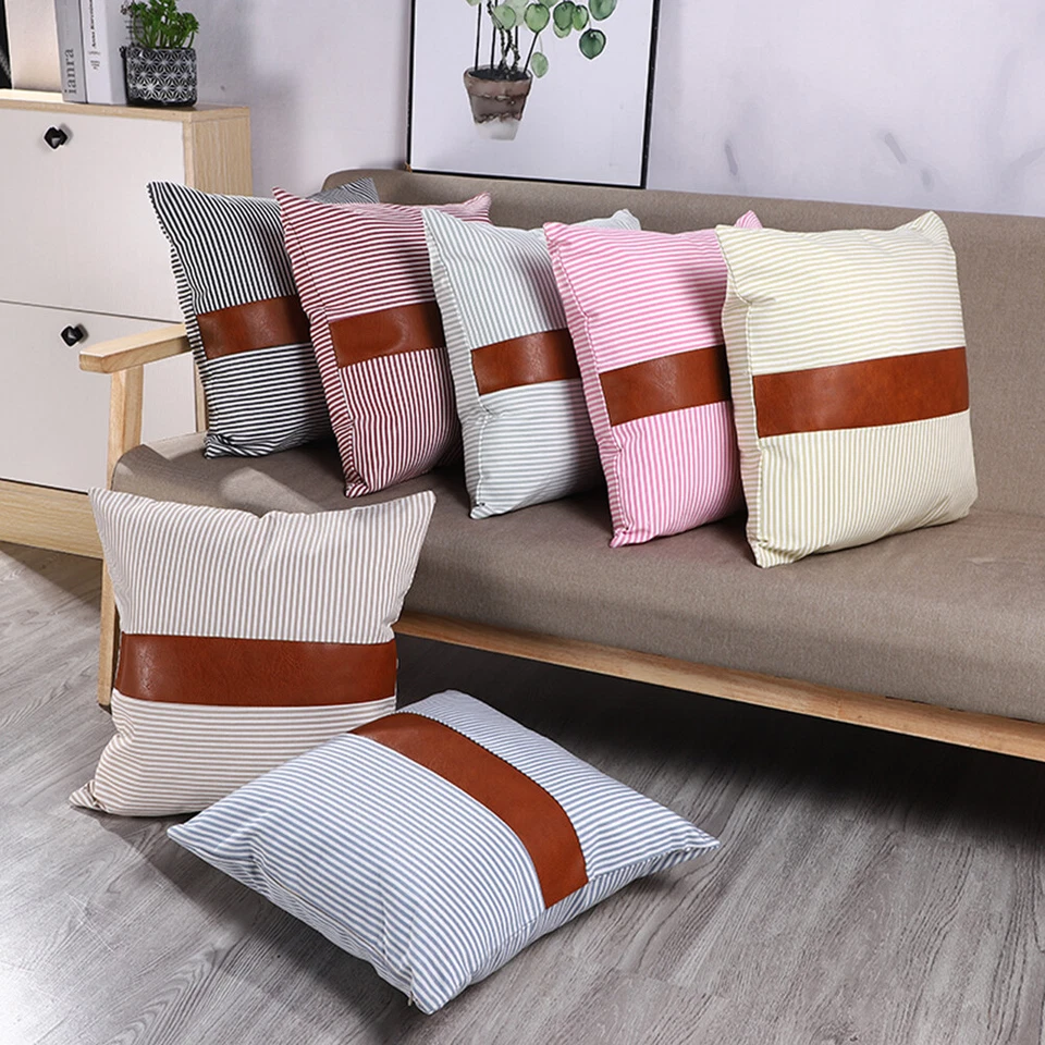Farmhouse Pillow Covers 18x18 inch Set of 2 Faux Leather Stripe Cushion Covers - Image 2 of 4
