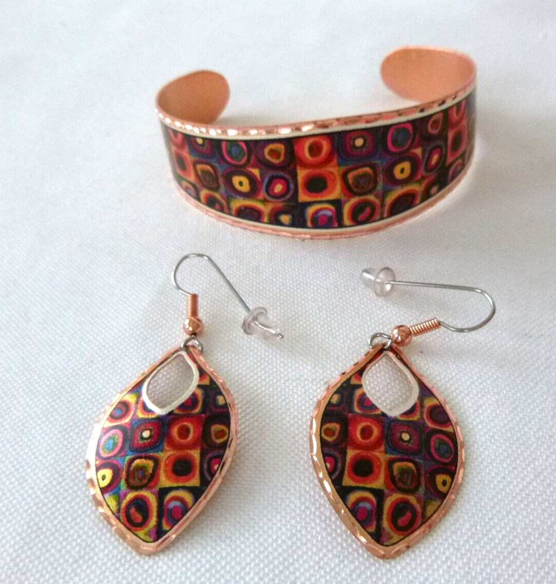 Artisan Modernist Copper Cuff Bracelet  2" Earrin… - image 1