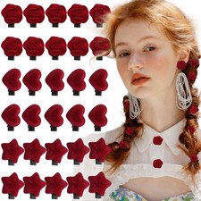 30 Pcs Red Mini Rose Heart Star Hair Clips Valentine Small Flower Hair Barret...