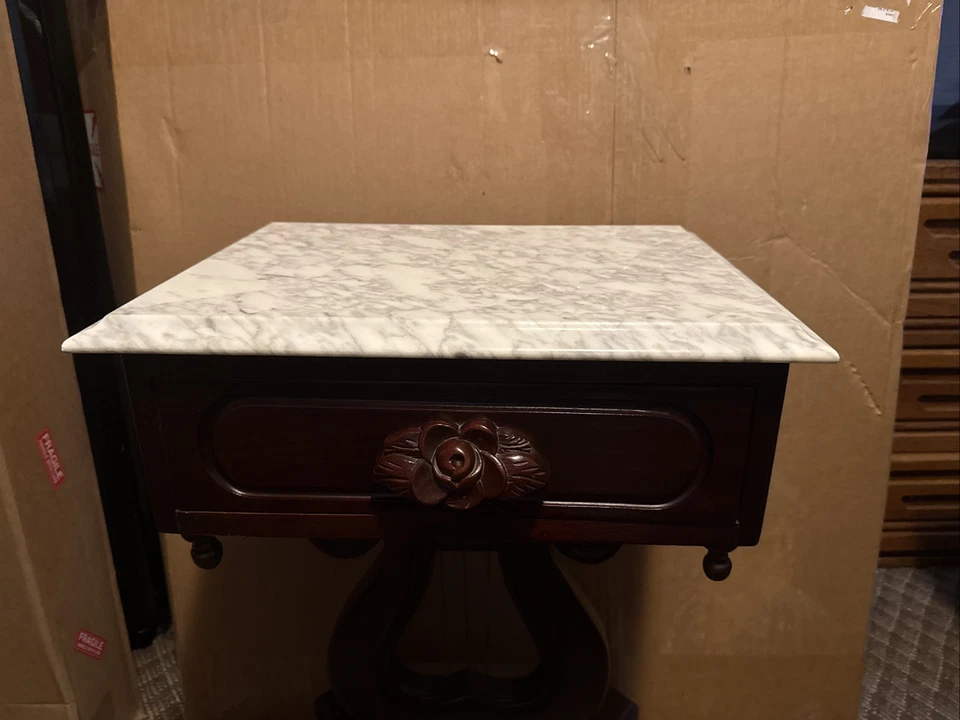 Vintage Mahogany Lyre Marble Top End Table Italy Mark Local Pickup - Image 4 of 4