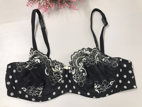 Vintage Gilligan O Malley Polka Dot Mesh Floral Lace Bra 38C Black & White Y2K