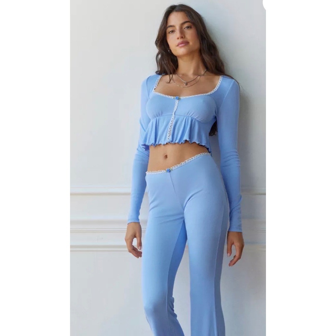 Out From Under Blue Lace Trim Ruffle Crop Top Long Sleeve Rosette Coquette XS