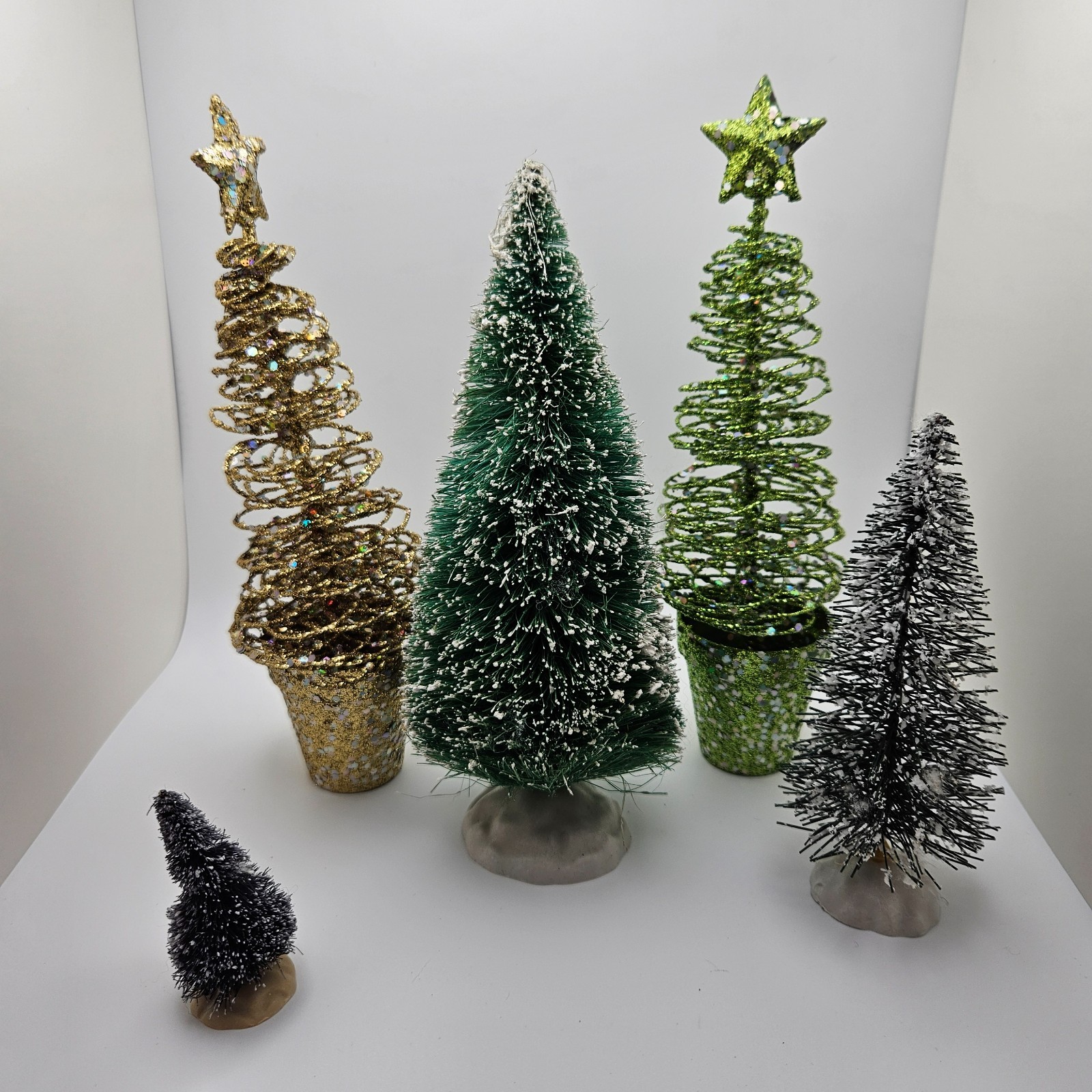 Lot of 5 Mini Christmas Trees – Bottle Brush & Glitter Spiral Trees -Village Set