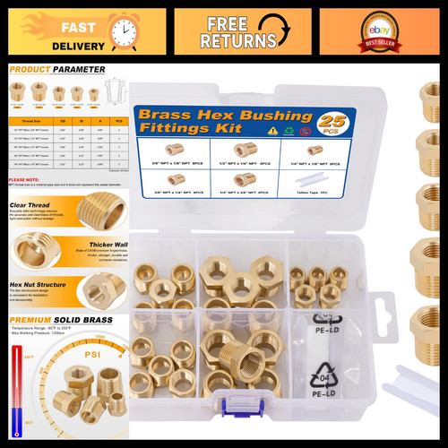 25PCS Brass Hex Bushing Kit - NPT Reducer Pipe Fittings Assortment 1/4" to 1/2
