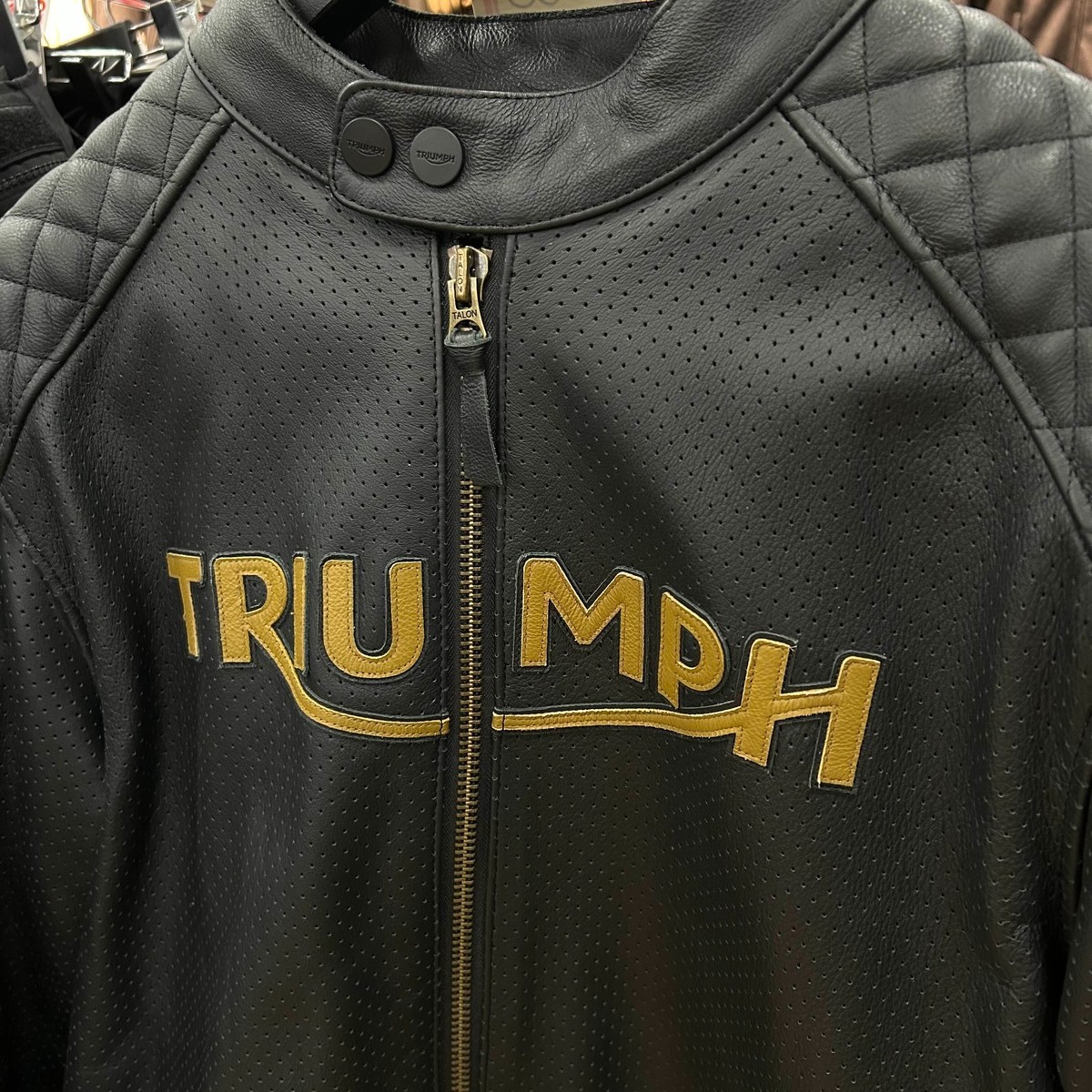 TRIUMPH Braddan Air Race Jacket Black Gold Perforated Leather 