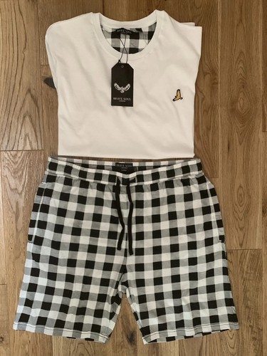 Brave Soul Herren Large Baumwolle weiß & schwarz kariert kurz Pyjama/Lounge Set Neu