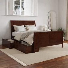 Portland Full Wood Platform Bed w Matching Footboard & Storage Drawers in Walnut