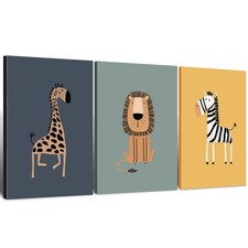 Kids Room 3Pcs Framed Giraffe Lion Zebra Wildlife Jungle Artwork Wall Art Dec...
