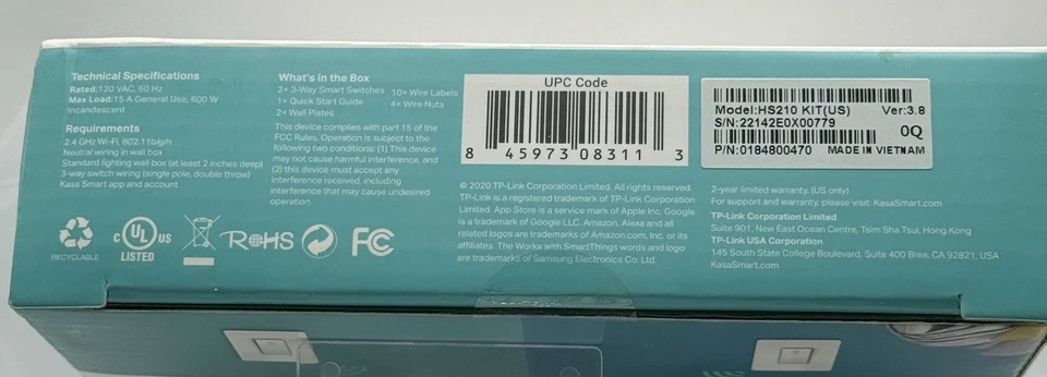 TP-Link Kasa Smart HS210 3-Way Wi-Fi Dimmer Switch Kit (US) HS210 KIT Nuevo Sellado Foto 3 de 3