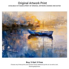 Blaues Ruderboot | Druck auf mattem Papier | Hafen Wandbild