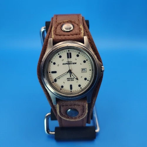 Vintage 2005 Timex Expedition INDIGLO 38mm Mens Quartz Watch Vegan Leather Cuff