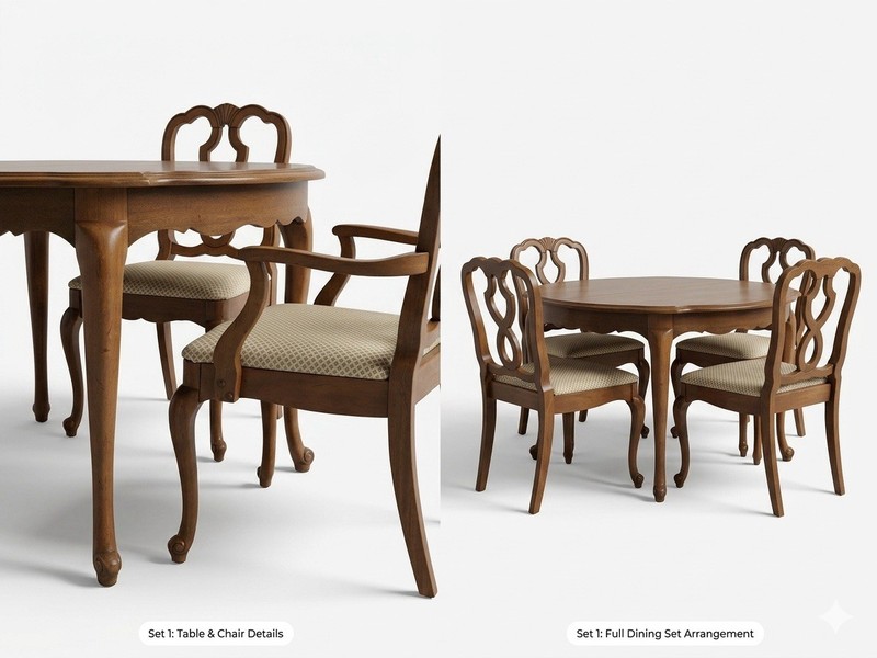 Mid Century 70s Vintage 6pc Walnut Dining Room Set With Queen Anne Style Chairs