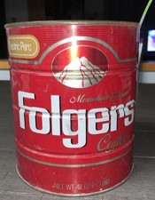 B9 VTG 80s FOLGERS COFFEE CAN ELECTRIC PERC 3LBs EMPTY TIN NO LID 48oz MOUNTAIN