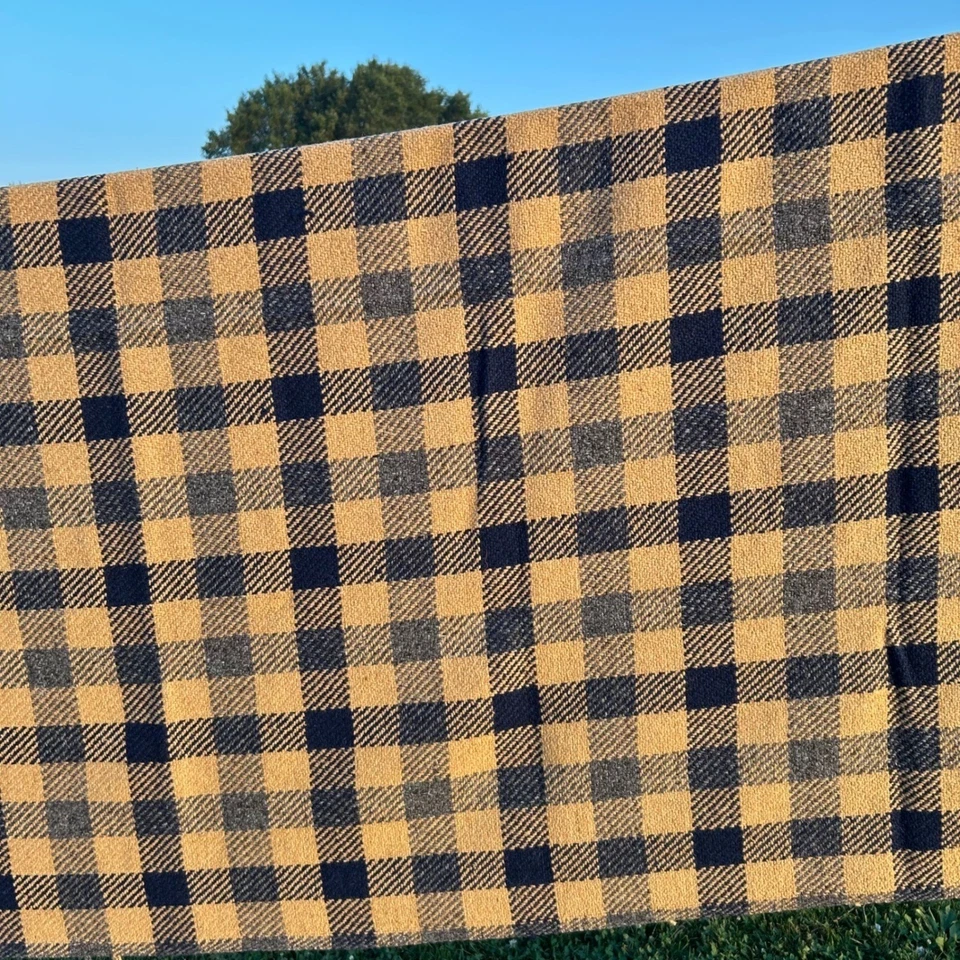 Vintage Woven Wool Fabric Remnant Buffalo Plaid Blue Khaki Tan 60"x158" Rustic - Image 2 of 4