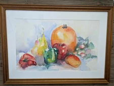 Framed Eve Nethercott Style Fruit And Vegetable Watercolor Painting, Unconfirmed