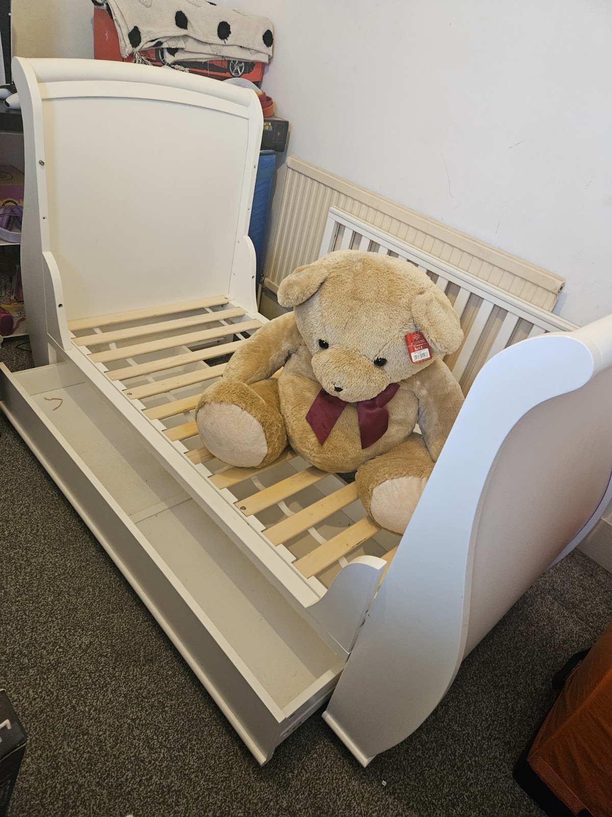 Babymore Eva Sleigh Cot Bed White - Drop Side Cot Bed With Mattress Included, Baby Cot Bed With Teething Rail & Drawer, Convertible to Toddler Bed & Day Bed,| 3 Adjustable Bed Base Positions (White) 25 Babymore Bel Sleigh Drop Side Cot Bed - White 3 Stage RRP £499