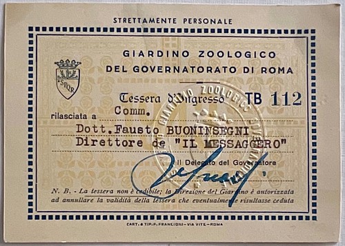 ZOOLOGISCHER GARTEN GOUVERNEMENT ROM KARTE ING. 1943 DIREKTOR DER BOTE