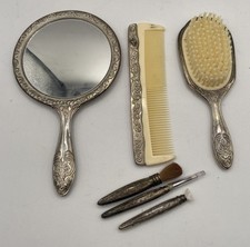VTG Silver Plated Vanity Set Hand Mirror, Brush Comb Make-up Brushes Patina