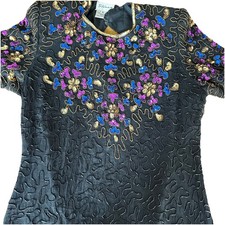 Stenay Silk Beaded Dress Womens Large Midi Sequin Evening Dress LBD