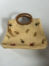 Fossil Vintage Embroidered Straw Beaded Floral Summer Handbag Retro Wood Handles